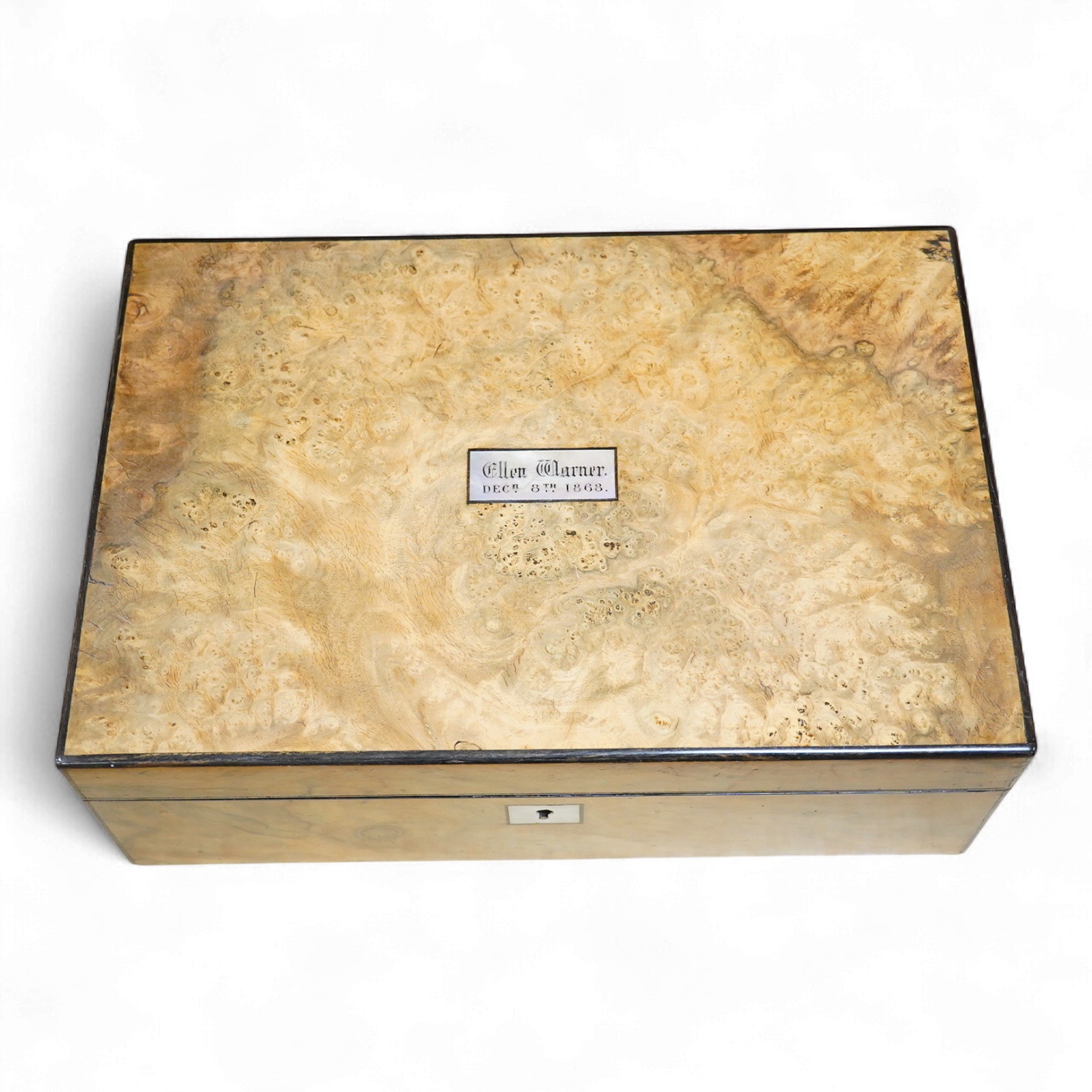 A 19th century burr walnut writing slope with mother of pearl plaque inscribed Ellen Warner, Dec, 8th 1868, 36cm wide